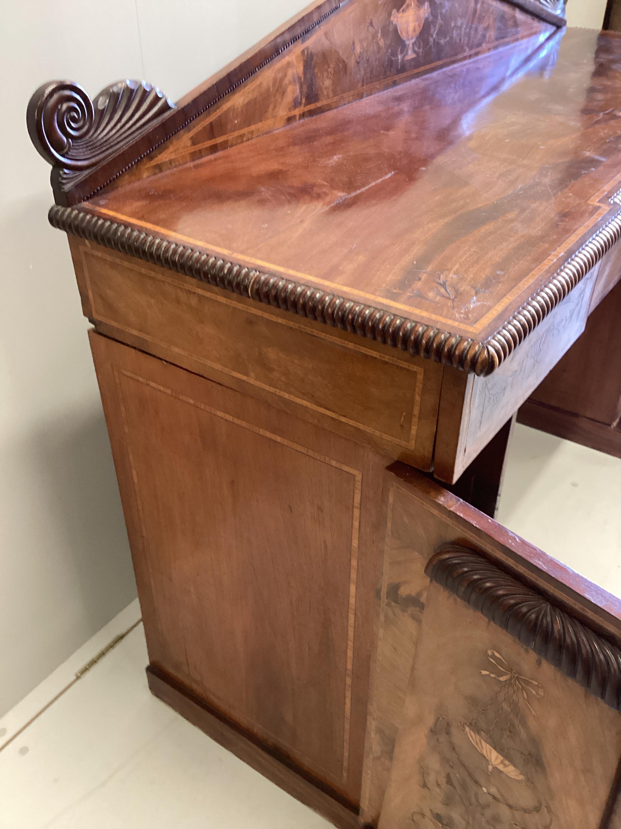 A William IV later marquetry inlaid mahogany pedestal sideboard, width 162cm, depth 54cm, height 126cm